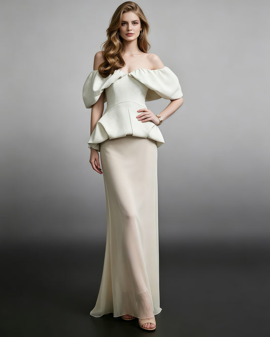 Green Off Shoulder Peplum Top Maxi Skirt Elegant Set