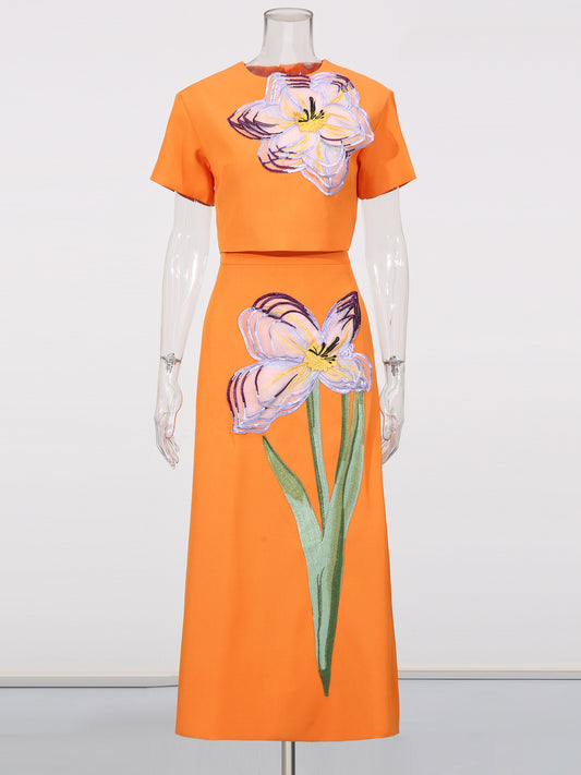 Orange Floral Appliqué Crop Top & Midi Skirt Set