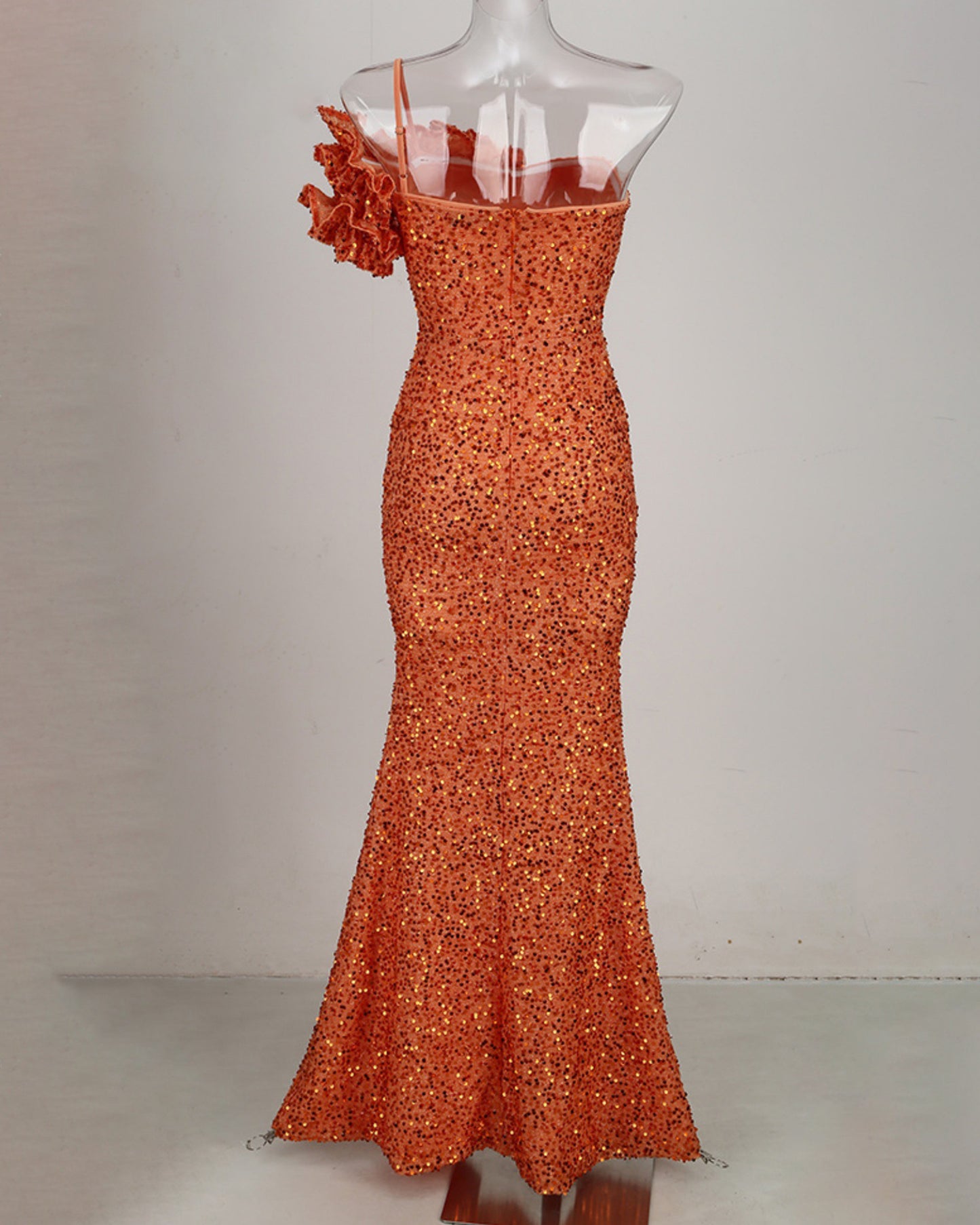 Orange Sequin Off Shoulder Mermaid Evening Gown
