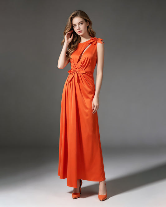 Orange Sleeveless 3D Flower Cutout Ruched Dress