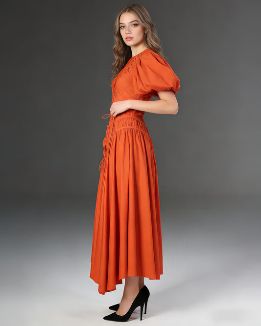 Orange Puff Sleeve Ruched Midi Dress