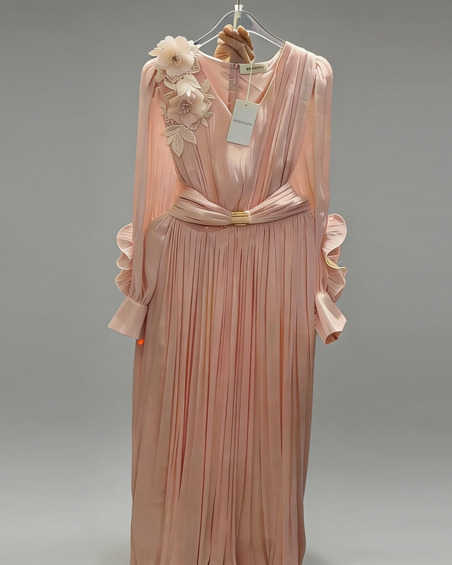 Pink 3D Floral Ruched Waist Maxi Dress