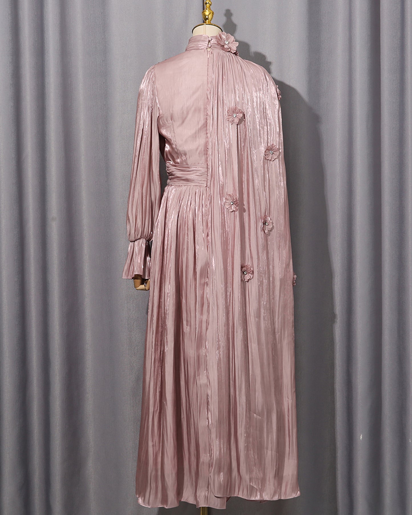 Pink 3D Floral Shiny Maxi Dress