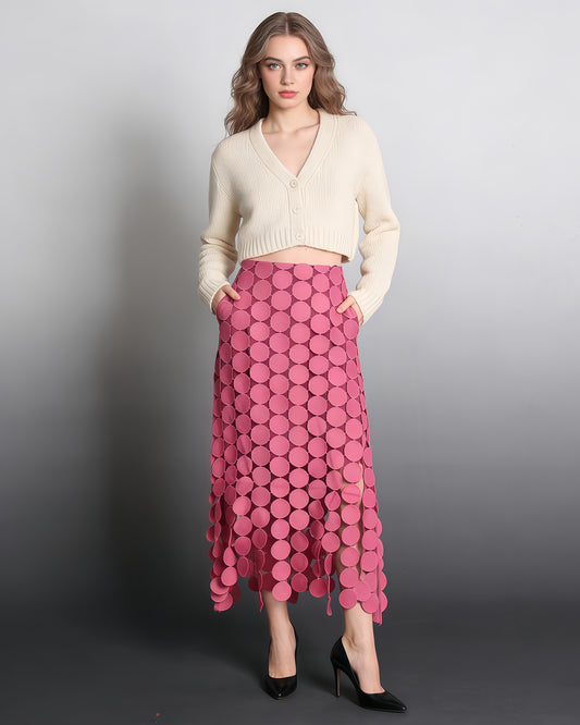 Pink Disc-Embellished Fringe Midi Skirt
