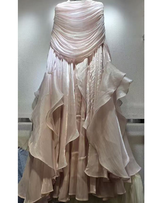 Pink Draped Ruffled Asymmetrical Maxi Gown