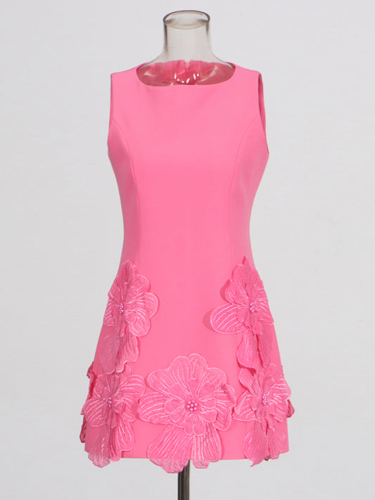 Pink Floral Appliqué Sleeveless Mini Dress