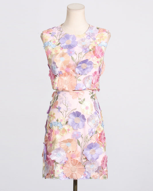 Pink Floral Embroidered Crop Top & Skirt Set