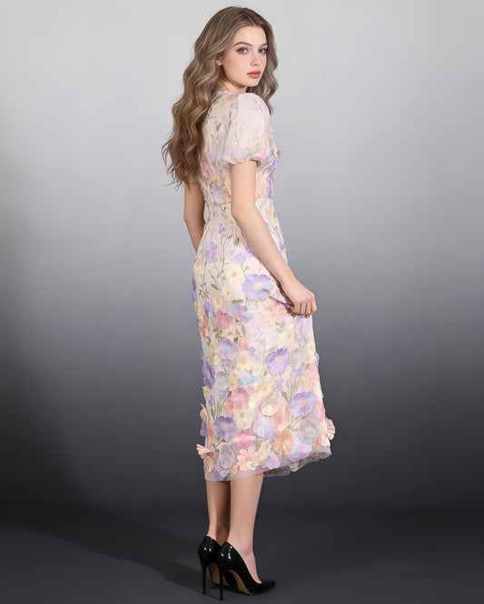 Pink Floral Embroidered Puff Sleeve Midi Dress