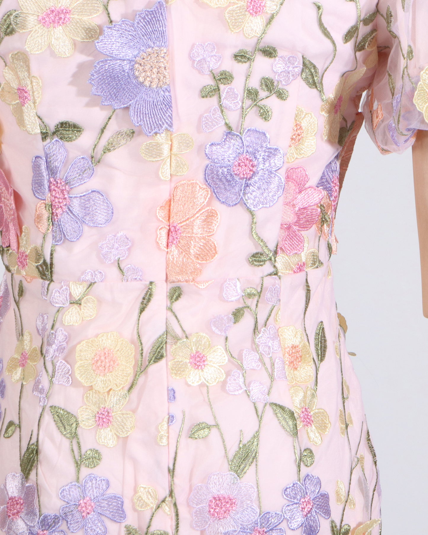 Pink Floral Embroidered Puff Sleeve Midi Dress