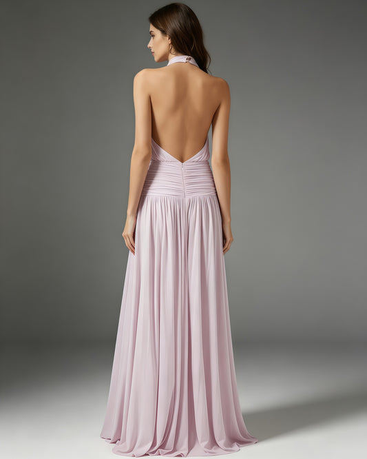 Pink Halter High Neck Ruched Slit Maxi Dress