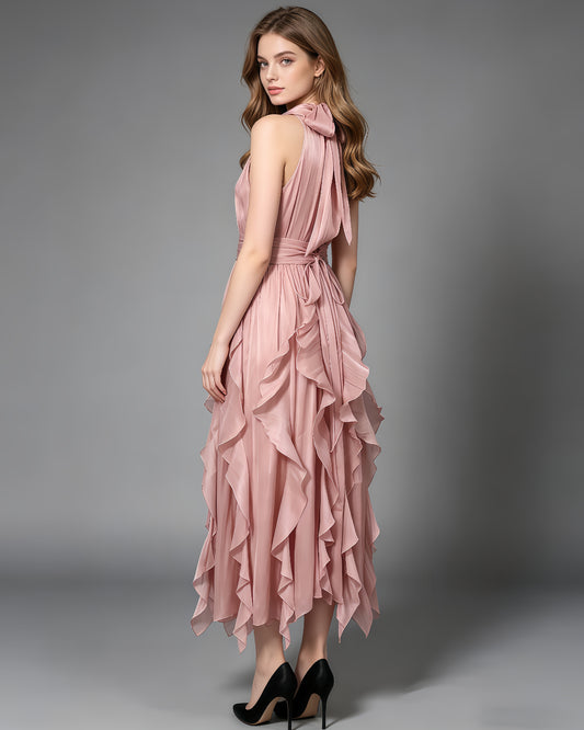 Pink Halter Neck Ruffle Midi Dress
