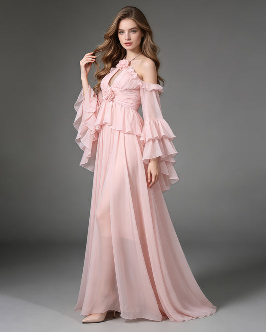 Pink Halter Ruffle Bell Sleeve Top Long Skirt Set
