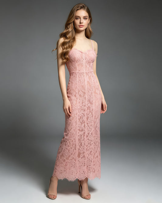 Pink Lace Corset Midi Slip Dress