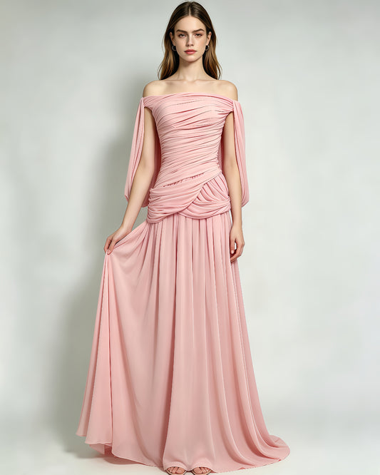 Pink Off-the-Shoulder Ruched Maxi Dress