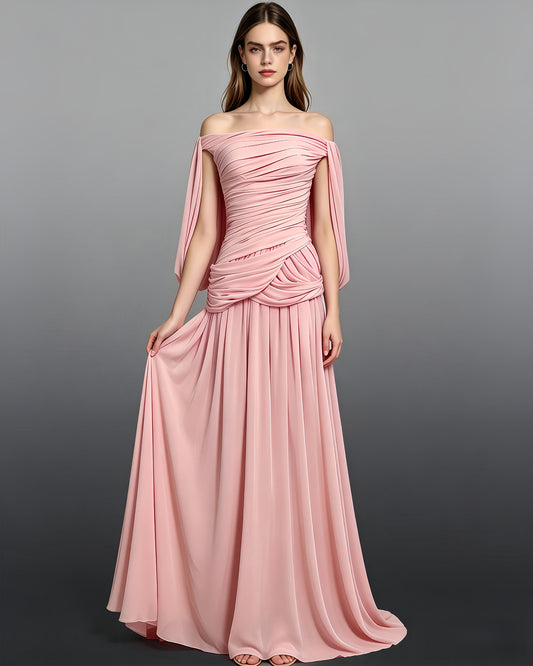 Pink Off-the-Shoulder Ruched Maxi Dress