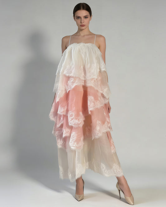 Pink Ombre Lace Tiered Midi Dress