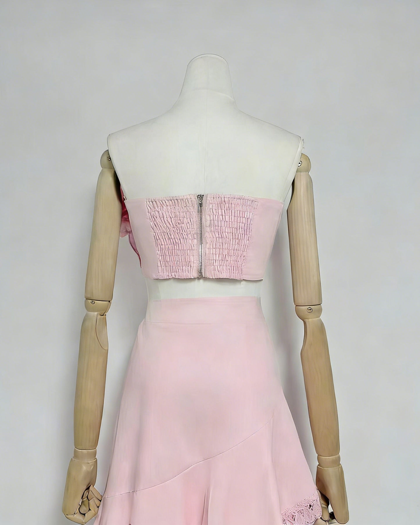 Pink One-Shoulder Crochet Ruffle Two-Piece Set