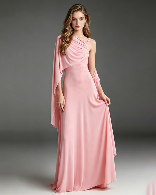 Pink One Shoulder Draped Mesh Floor Maxi Dress