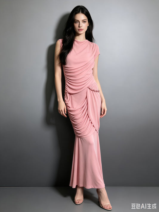 Pink Round Neck Ruched Woven Dress