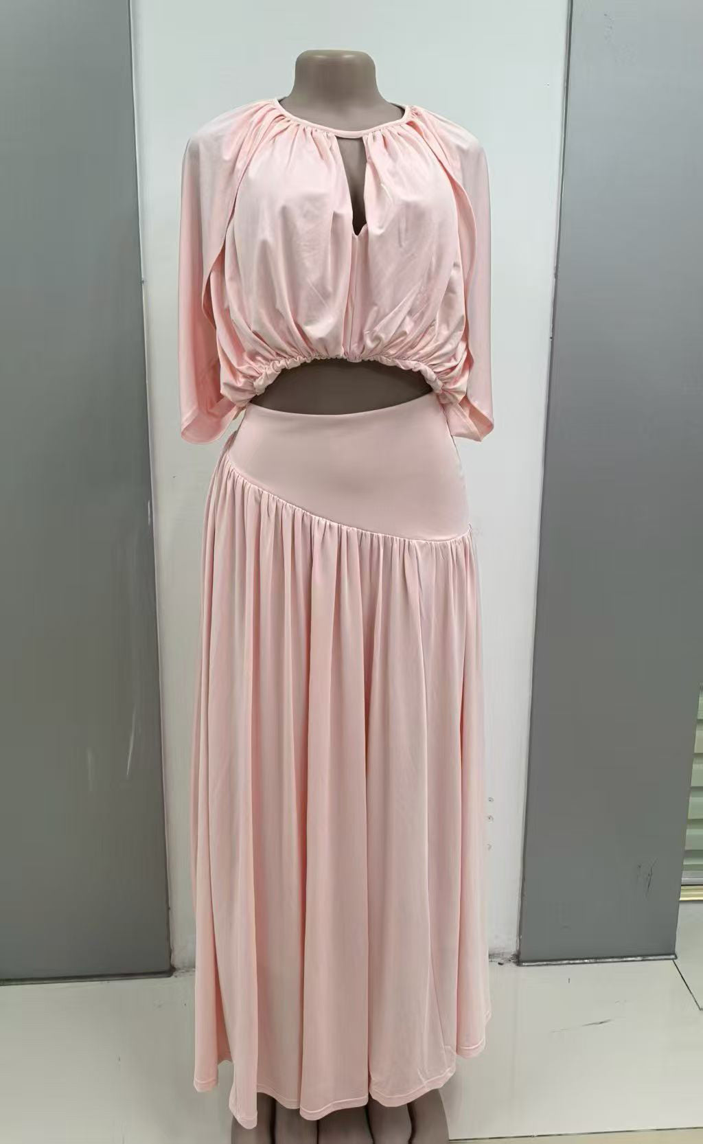 Pink Ruched Crop Top Flowy Maxi Skirt Set