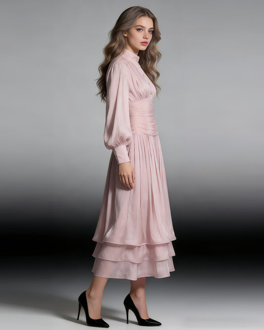 Pink Ruched Waist Tiered Midi Dress