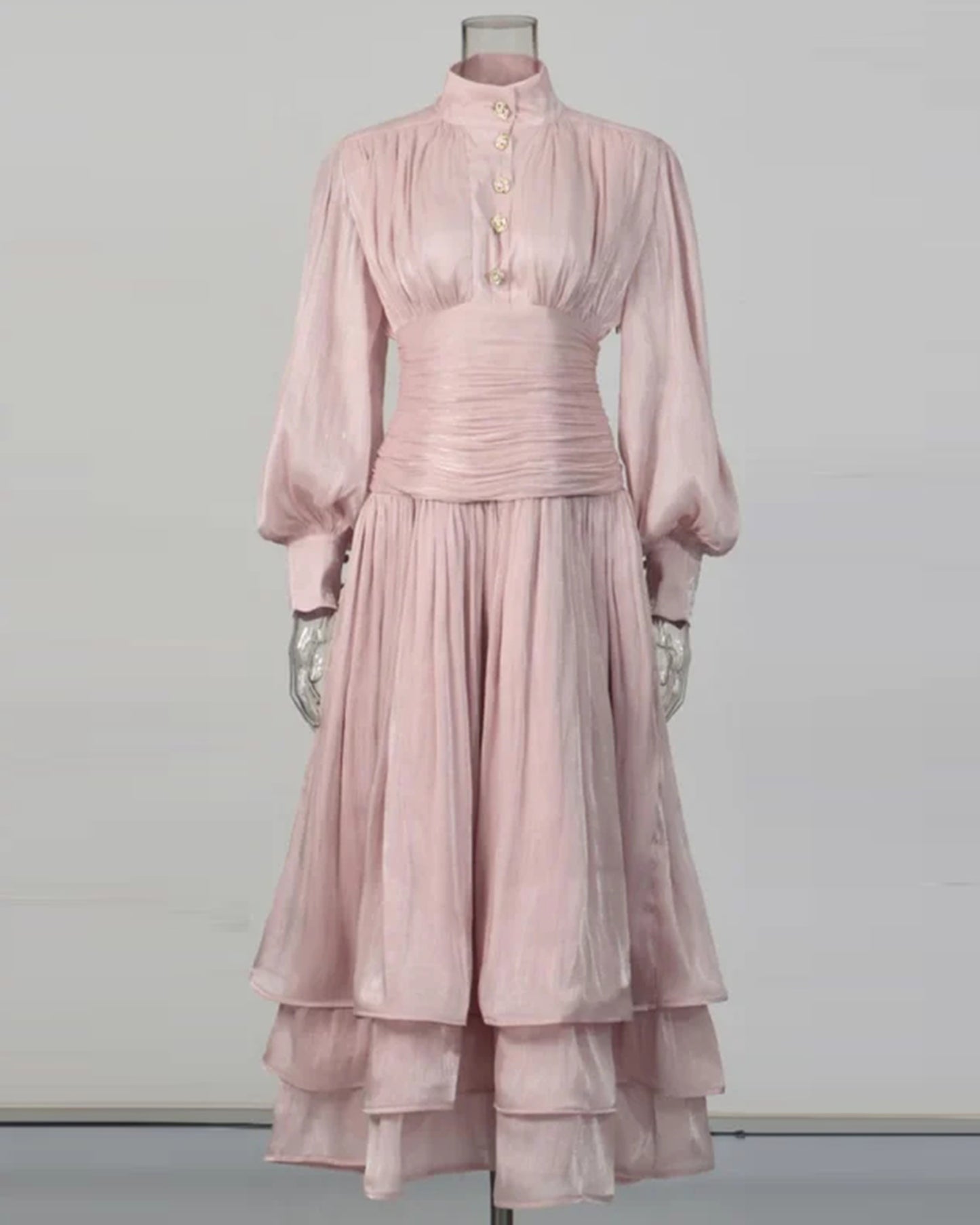 Pink Ruched Waist Tiered Midi Dress