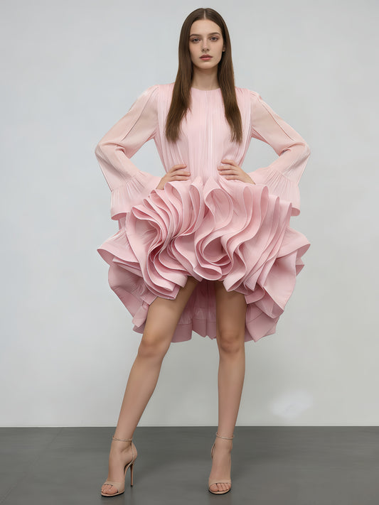 Pink Ruffle Pleated Mini Dress