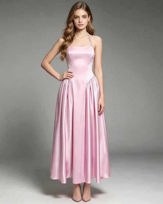 Pink Satin Halter Midi Dress with Pearl Detail