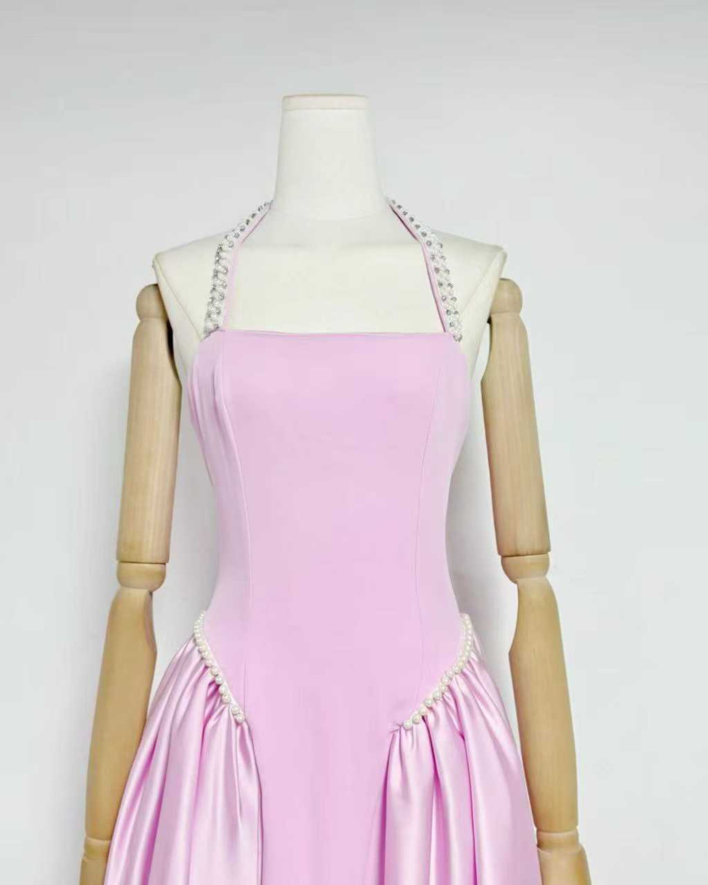 Pink Satin Halter Midi Dress with Pearl Detail