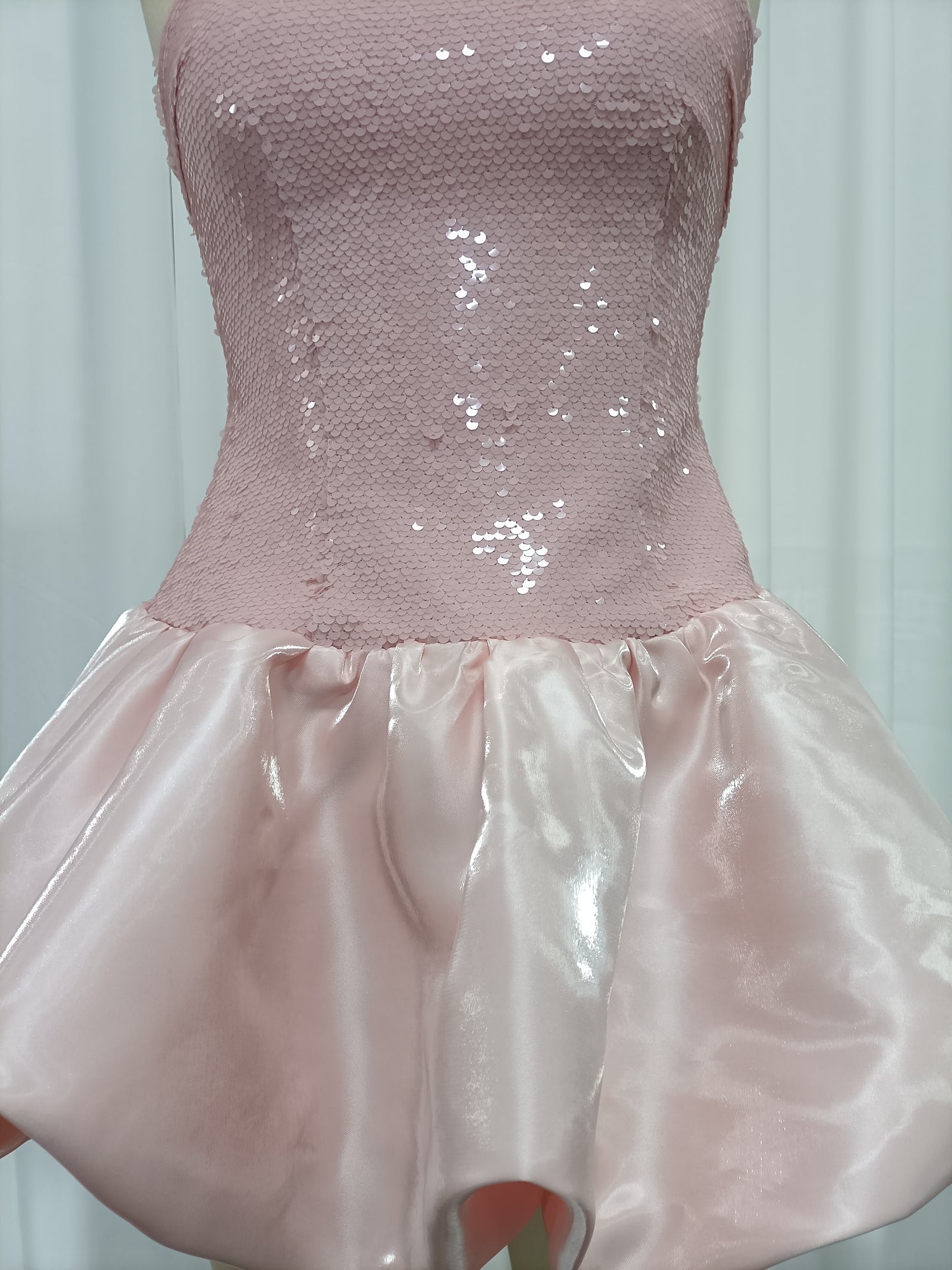 Pink Sequin Strapless Satin Bubble Mini Dress