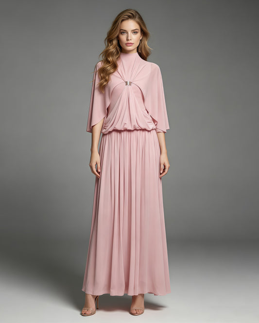 Pink Stand Collar Metal Buckle Ruched Tunic Maxi Dress