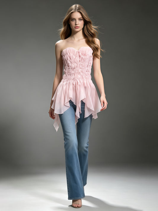Pink Strapless Ruched Asymmetric Hem Top