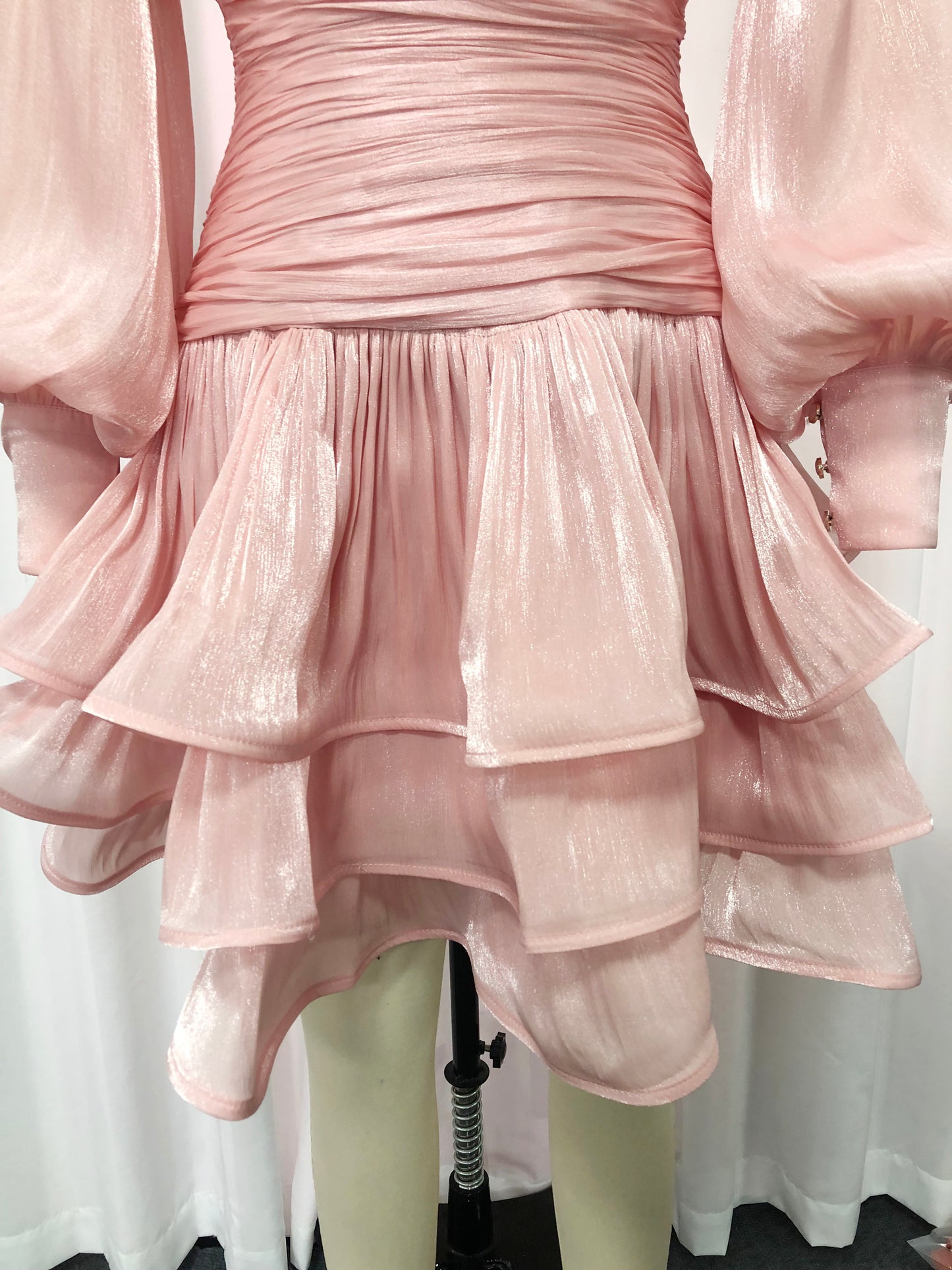 Pink Shimmer Puff Sleeve Ruffled Mini Dress