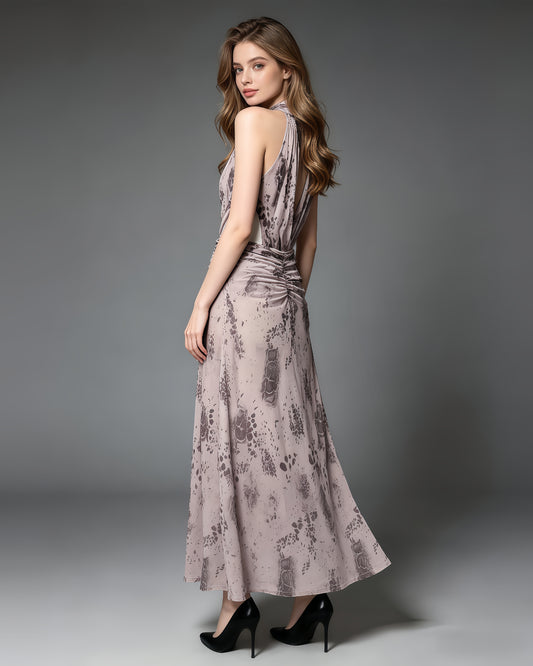 Print Halter Ruched Maxi Dress