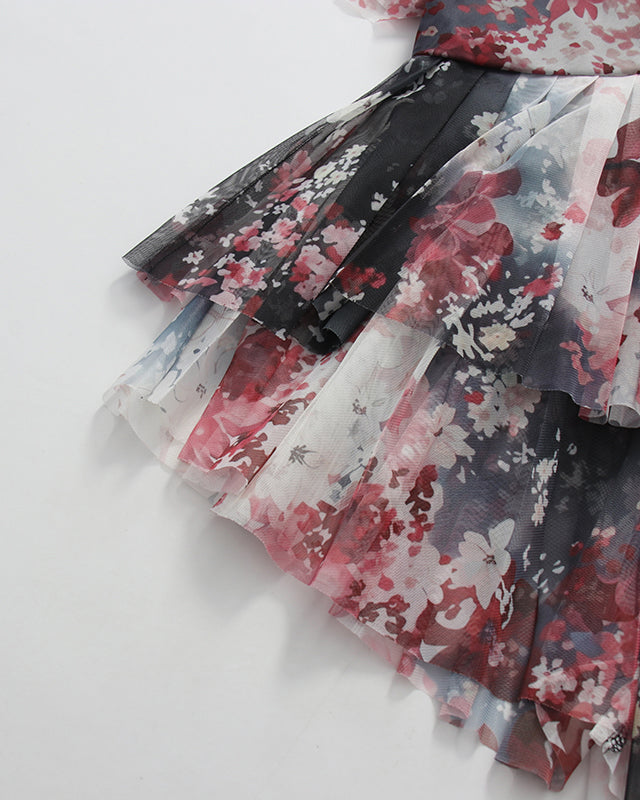 Print Strapless Multi-Layer Mesh Ruffle Top