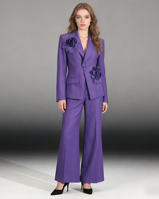 Purple 3D Floral Appliqué Blazer