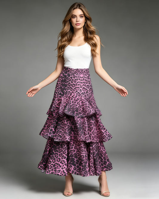 Purple Leopard Tiered Ruffle Hem Maxi Skirt