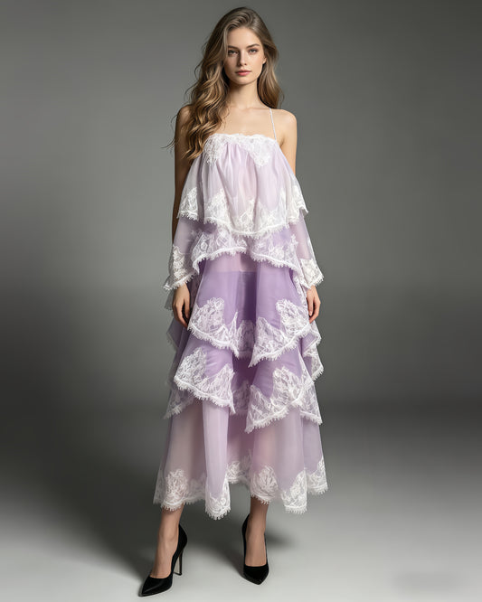Purple Ombre Lace Tiered Midi Dress