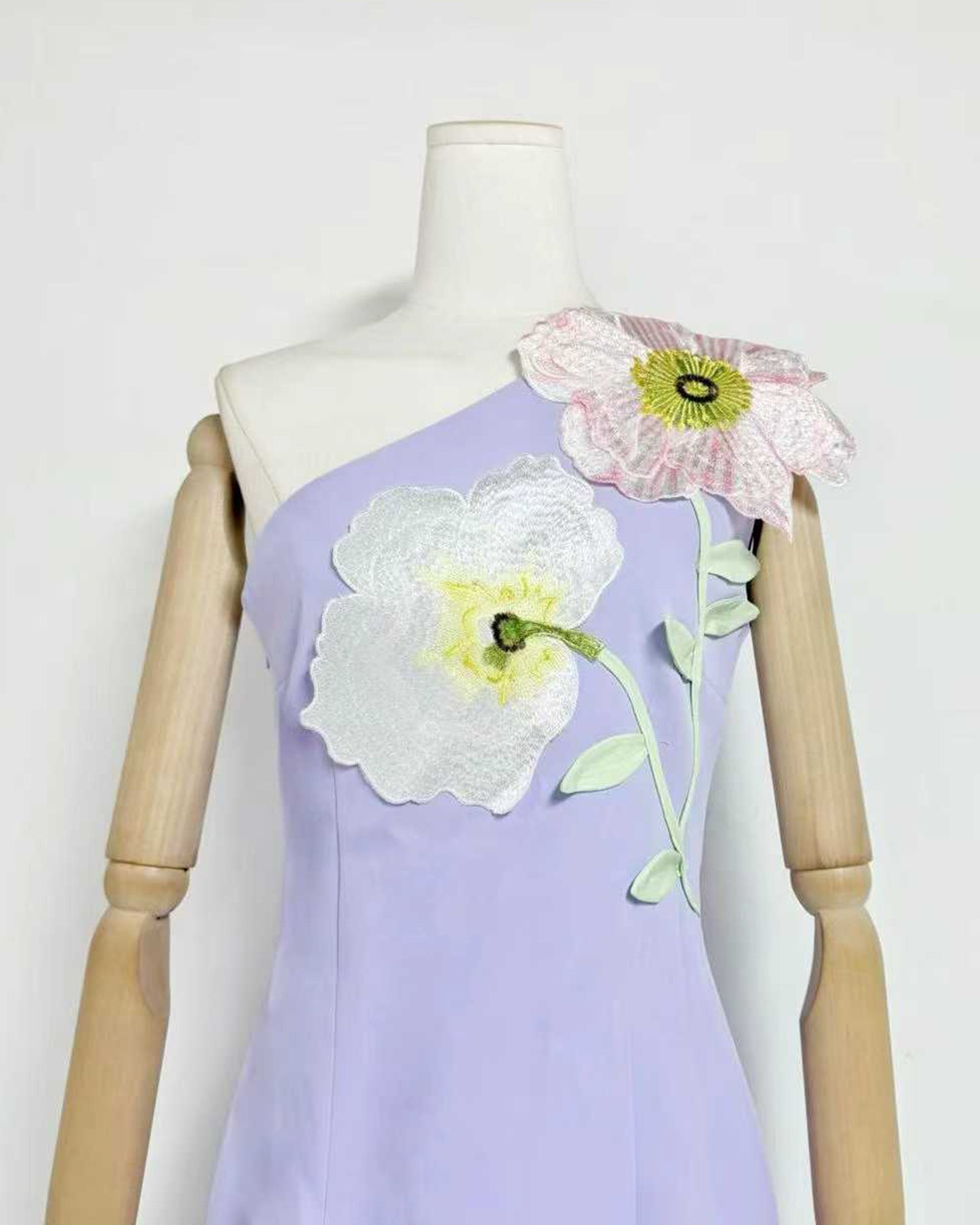 Purple One-Shoulder Floral Appliqué Mini Dress