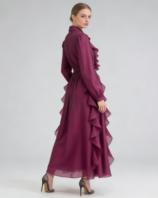 Purple Shirt Collar Ruffled Shiny Maxi Dress