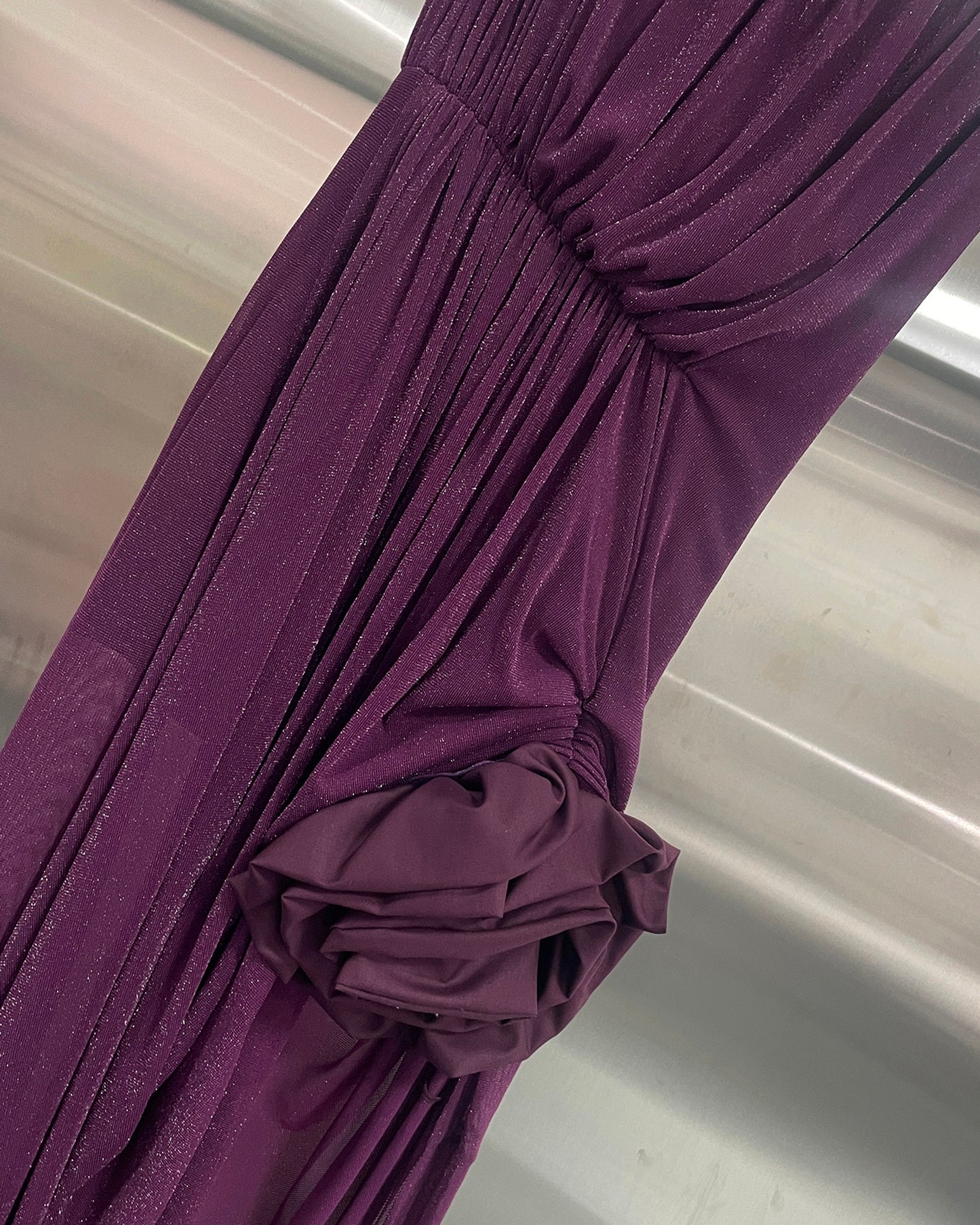Purple Strapless 3D Flower Ruched Evening Gown