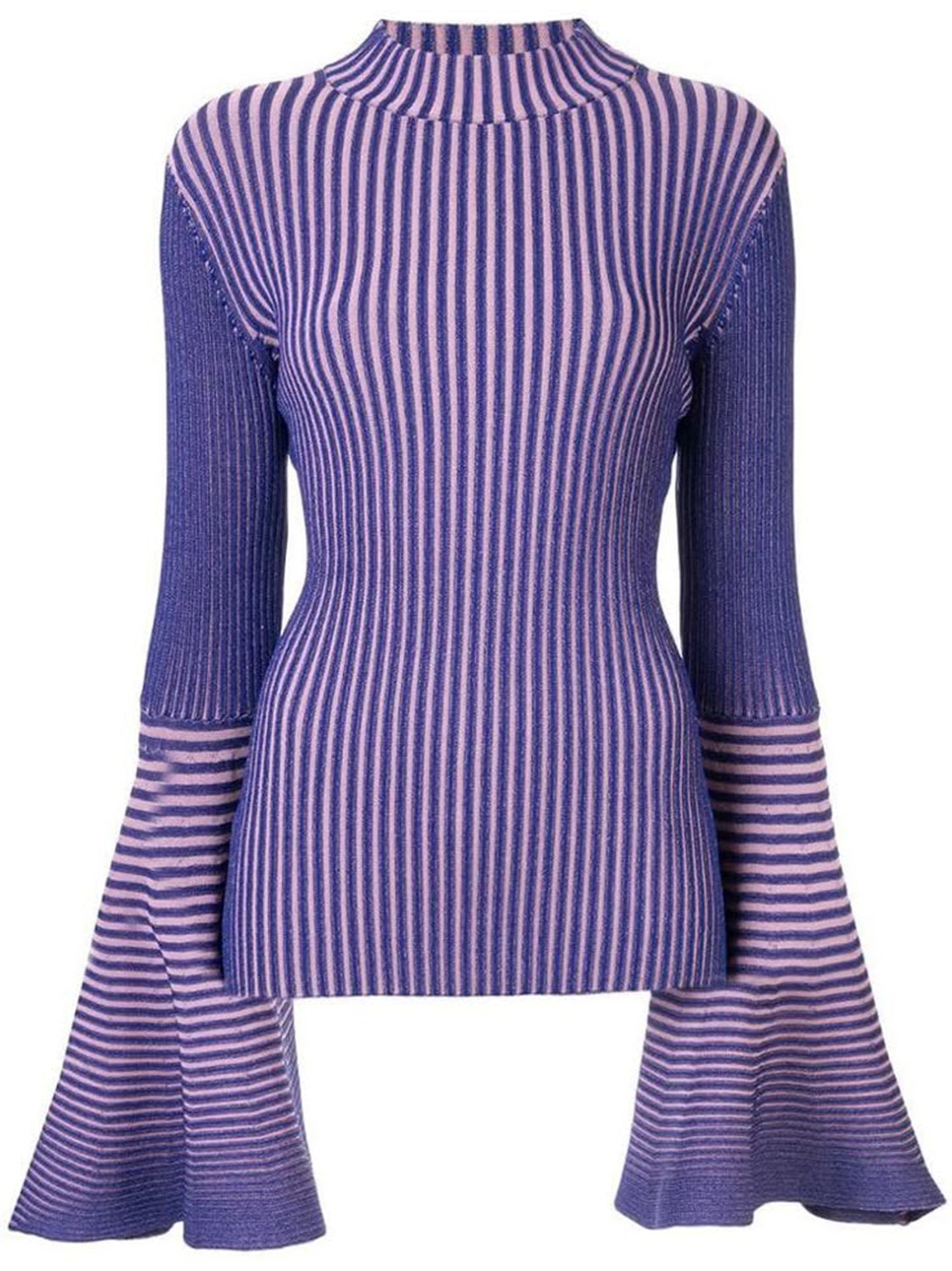 Purple Striped Knit Sweater with Bell Sleeve Detail