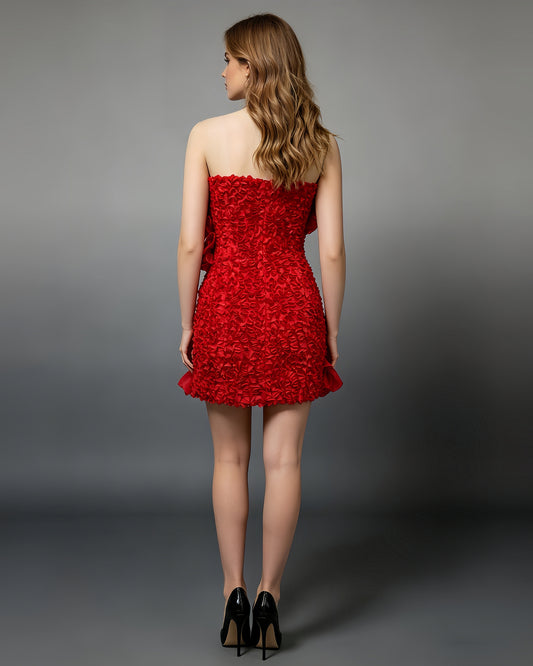 Red 3D Floral Ruched Mini Dress