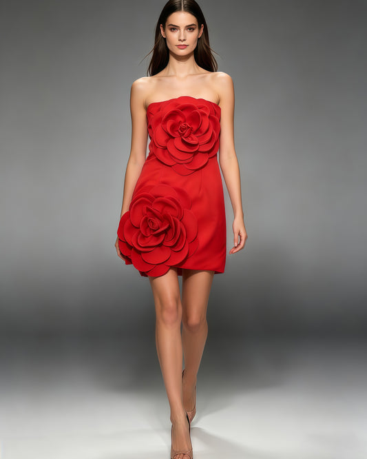 Red 3D Flower Strapless Mini Dress