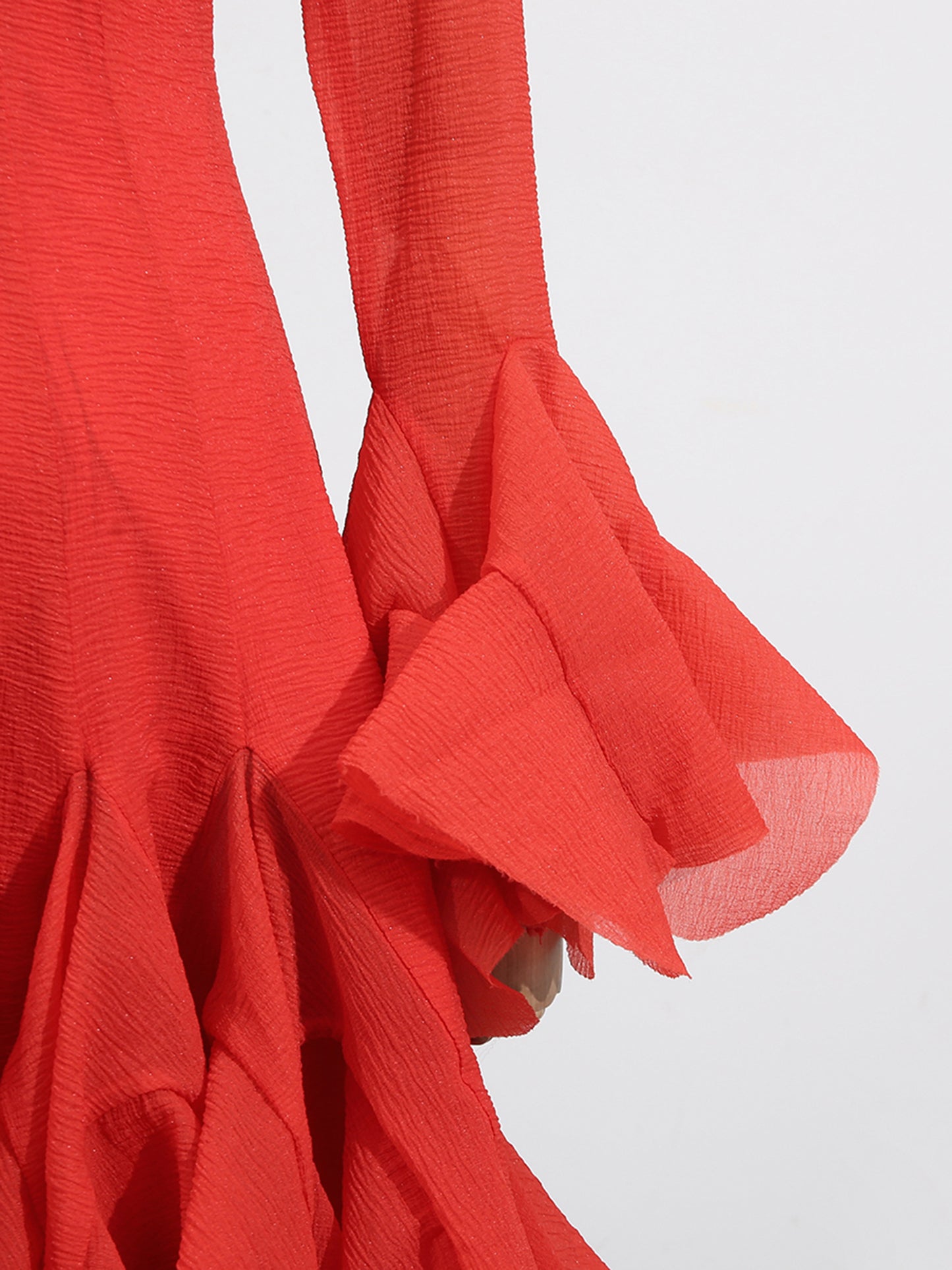 Red Bell Sleeve Ruffled Long Dress with Button Front