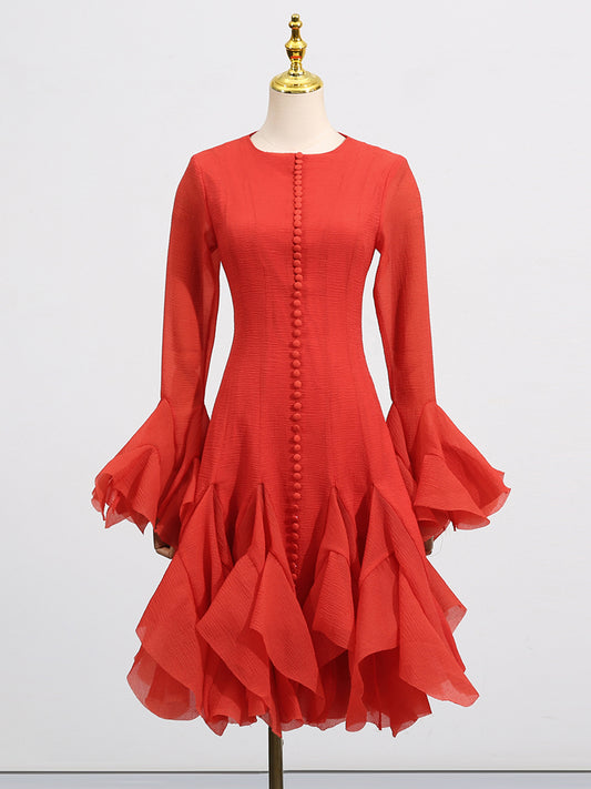 Red Bell Sleeve Ruffled Long Dress with Button Front