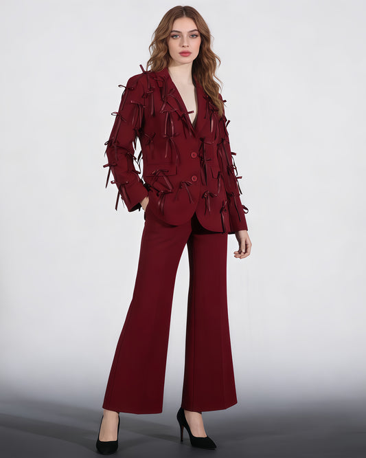 Red Blazer with Satin Bow Embellishments