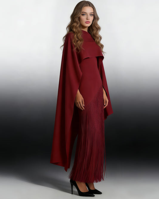Red Cape Overlay Fringed Maxi Dress