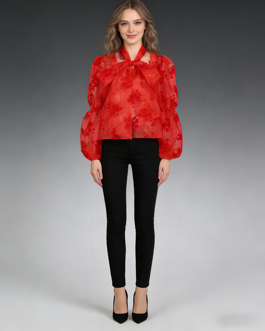 Red Floral Sheer Blouse with Oversized Bow