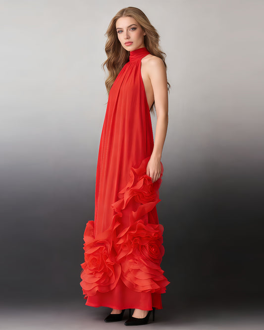 Red Halter 3D Rose Ruffle Maxi Dress